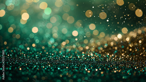 Shimmering golden bokeh on a blurred emerald green background with copy space. Focus on the radiant glow. photo