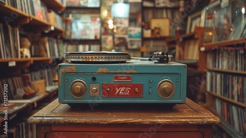 tourne disque vintage sur une table chez un disquaire rétro