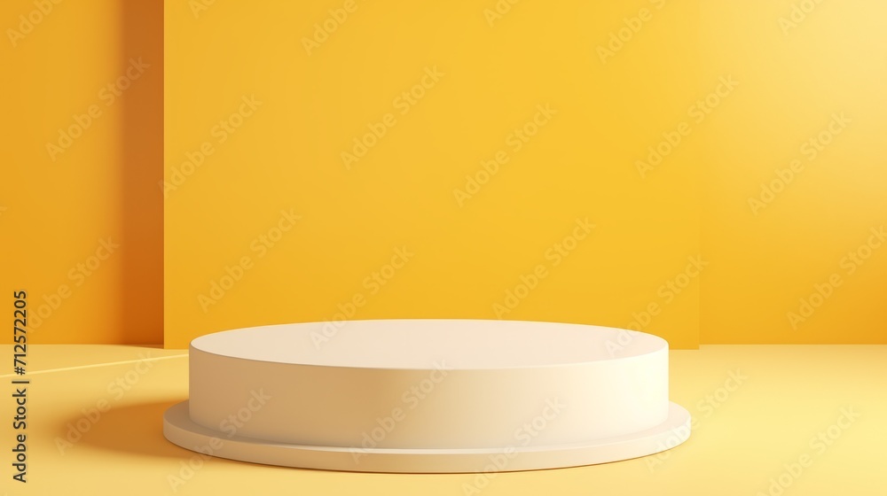 empty cylindrical podium for product presentation on a yellow background, space for text empty cylindrical podium for product presentation on a yellow background, space for text