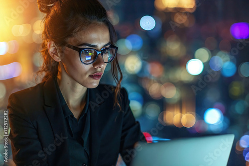businesswoman focuses on her laptop late at night in an office. Generative AI. photo