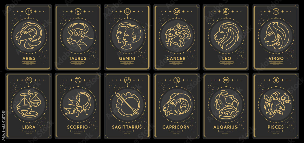 Set of Modern magic witchcraft cards with astrology zodiac signs in the night sky. Zodiac characteristic. Zodiac icons. Vector illustration Set of Modern magic witchcraft cards with astrology zodiac signs in the night sky. Zodiac characteristic. Zodiac icons. Vector illustration