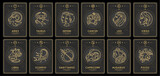 Set of Modern magic witchcraft cards with astrology zodiac signs in the night sky. Zodiac characteristic. Zodiac icons. Vector illustration