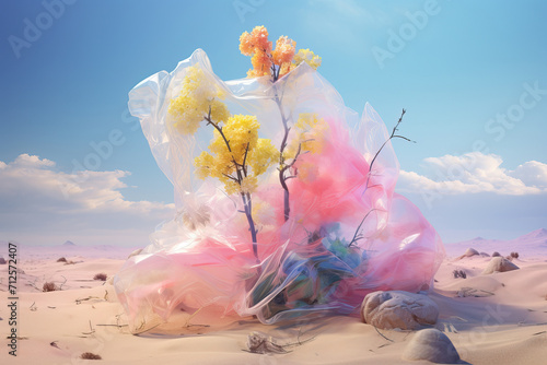Floral explosion inside plastic bag on surreal desert landscape Generative AI image photo