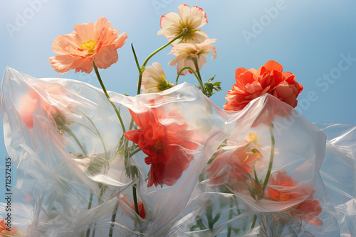 Flowers entangled in plastic against a blue sky Generative AI image photo