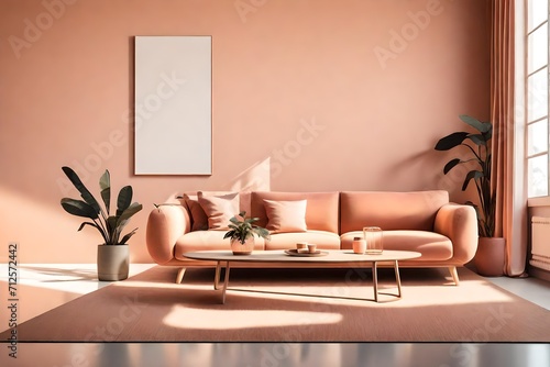 Minimal living room with wooden coffee table near sofa close-up. Interior in trendy peach colors -