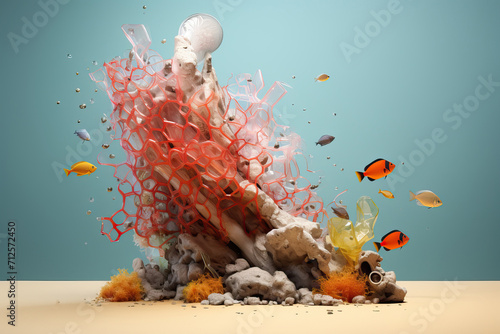 Surreal underwater explosion with fish and debris Generative AI image