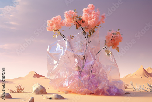 Blooming flowers emerging from plastic in a desert landscape Generative AI image photo