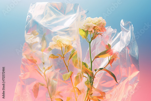 Flowers trapped in plastic bag against colorful background Generative AI image photo