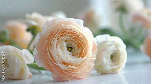  a close up of a bunch of flowers on a table with white and pink flowers on the side of the table.