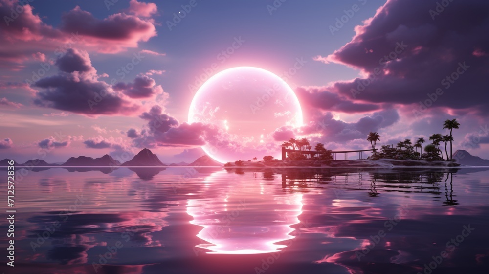 Abstract background with a pink cloud levitating inside a bright glowing neon arch, creating a minimal futuristic seascape with reflection in the water .
