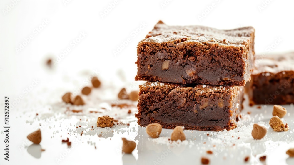 a stack of brownies sitting on top of a white table next to a pile of chopped up walnuts. a stack of brownies sitting on top of a white table next to a pile of chopped up walnuts.