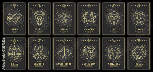 Set of Modern magic witchcraft cards with astrology zodiac signs in the night sky. Zodiac characteristic. Zodiac icons. Vector illustration