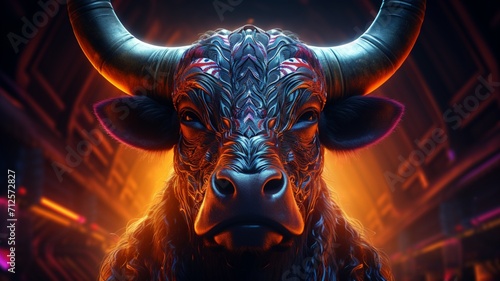 Robot bull neon light body light eyes big horns Ai generated art