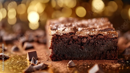  a close up of a piece of brownie on a table with chocolate chips and a gold boke of lights in the background.