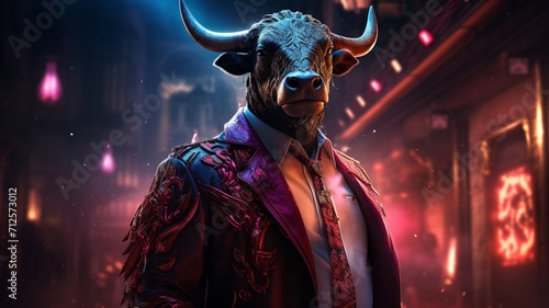 Robot bull neon light body light eyes big horns Ai generated art