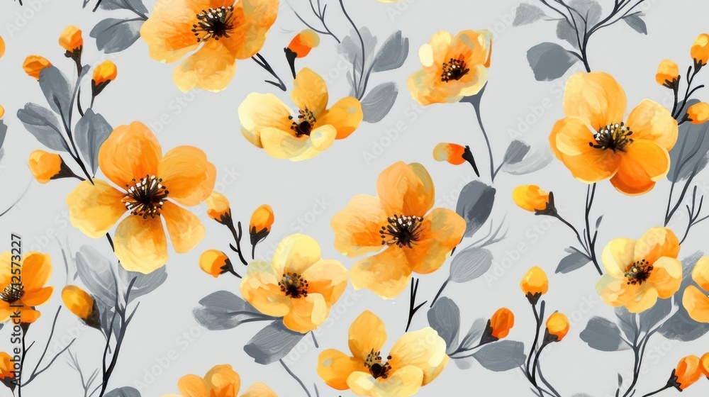  a painting of yellow flowers and leaves on a light gray background with a black center in the middle of the image.