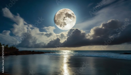 full moon over the sea.a stunning visual of the night sky  featuring a full moon surrounded by clouds that dance over the reflective surface of the ocean  creating a serene and magical atmosphere.