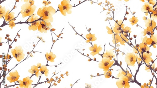  a close up of a tree with yellow flowers in the foreground and a white sky in the back ground.