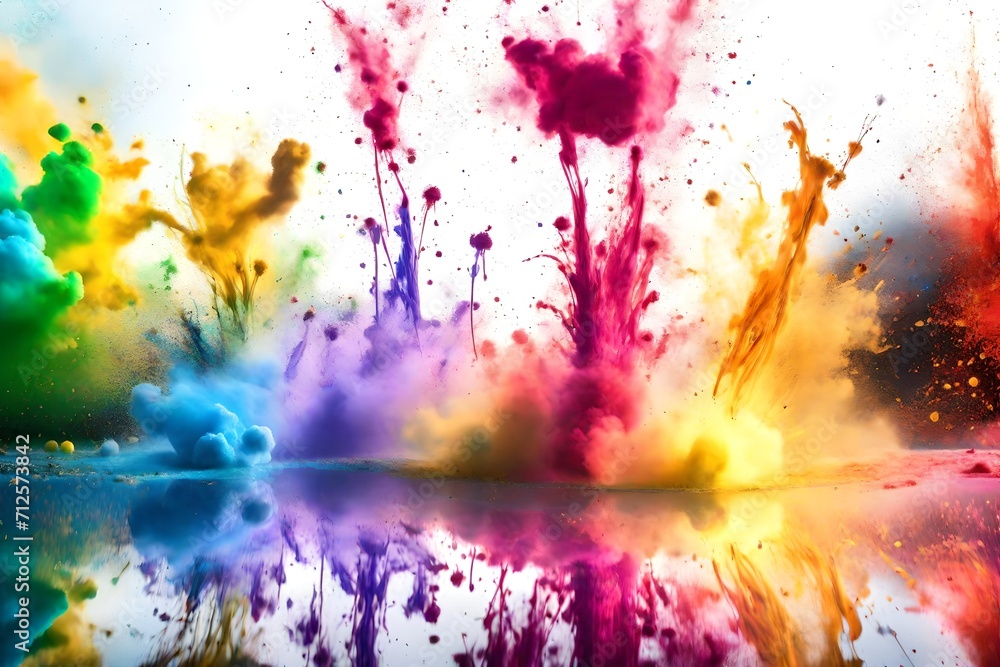 Multicolored explosion of rainbow holi powder paint isolated on white background.   