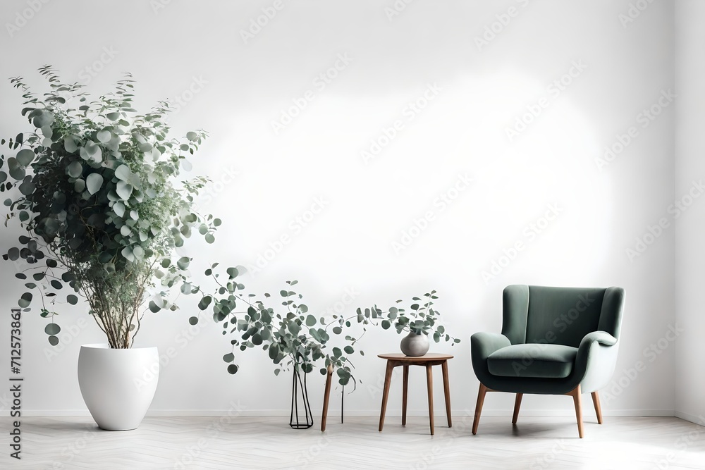 Vase with green eucalyptus branches on end table and comfortable armchair near white wall 
