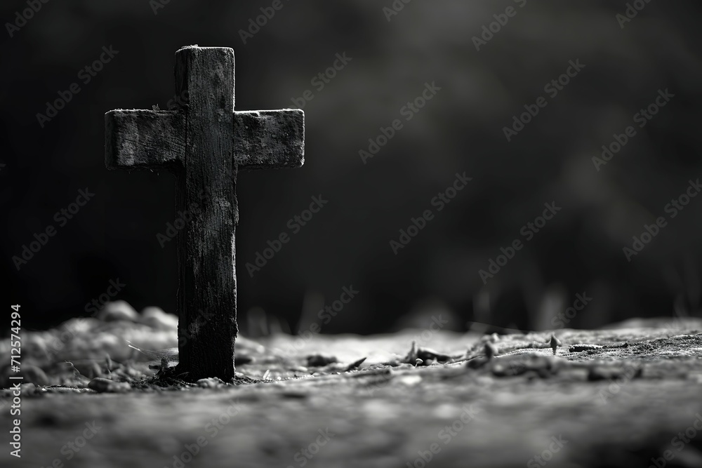 A black and white image of a solitary cross stands against a dramatic background