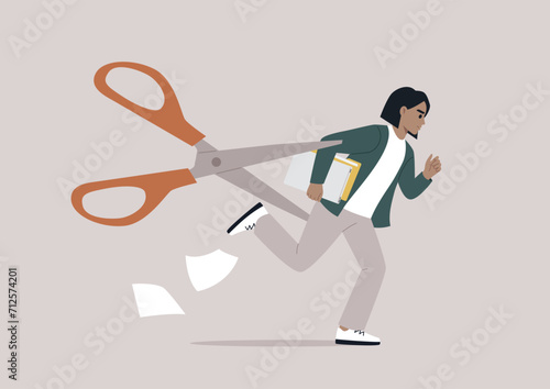 A staff layoff concept represented by a young character metaphorically pursued by a menacing pair of scissors, symbolizing the looming threat of downsizing due to changes in business priorities