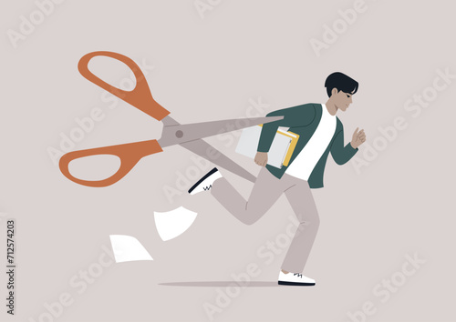 A staff layoff concept represented by a young character metaphorically pursued by a menacing pair of scissors, symbolizing the looming threat of downsizing due to changes in business priorities