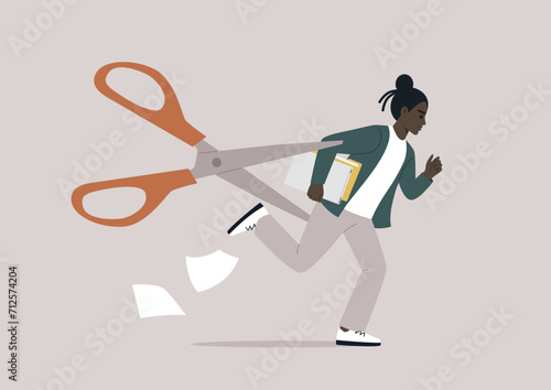 A staff layoff concept represented by a young character metaphorically pursued by a menacing pair of scissors, symbolizing the looming threat of downsizing due to changes in business priorities