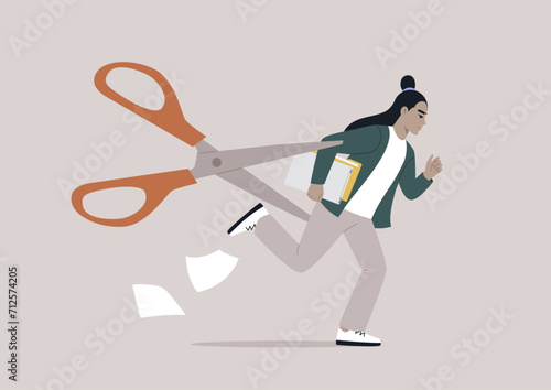 A staff layoff concept represented by a young character metaphorically pursued by a menacing pair of scissors, symbolizing the looming threat of downsizing due to changes in business priorities
