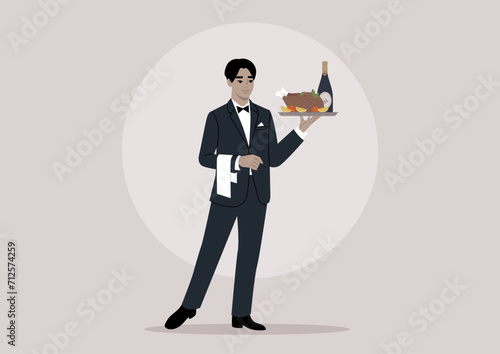 A refined waiter, donned in a sleek black tuxedo with a napkin draped over their hand, gracefully holds a tray adorned with a bottle of sparkling wine and a perfectly roasted chicken
