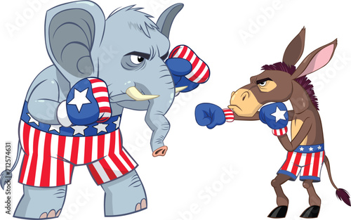 USA Democrat Vs Republican Election.
Color vector illustration of a Democrat Donkey vs Republican Elephant