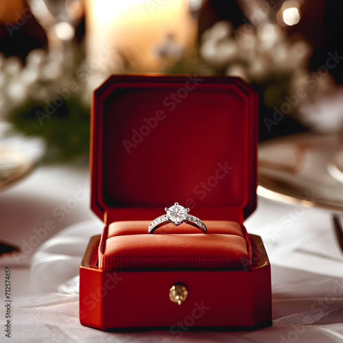engagement ring in red box on served table restaurant  © Social Material