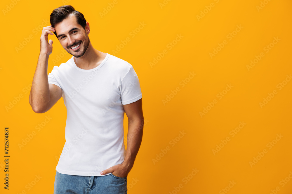Mockup man lifestyle shirt space casual clothing template portrait white t-shirt studio copy Mockup man lifestyle shirt space casual clothing template portrait white t-shirt studio copy