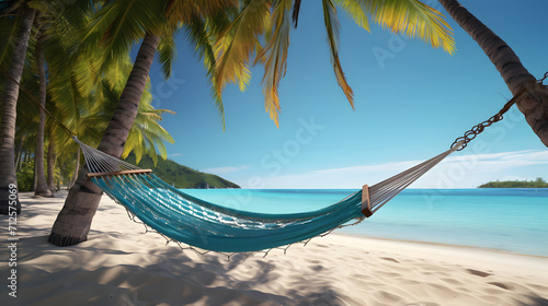Beautiful summer lanscape. Hammock on beach with turquoise water and palm trees. Vacation concept.