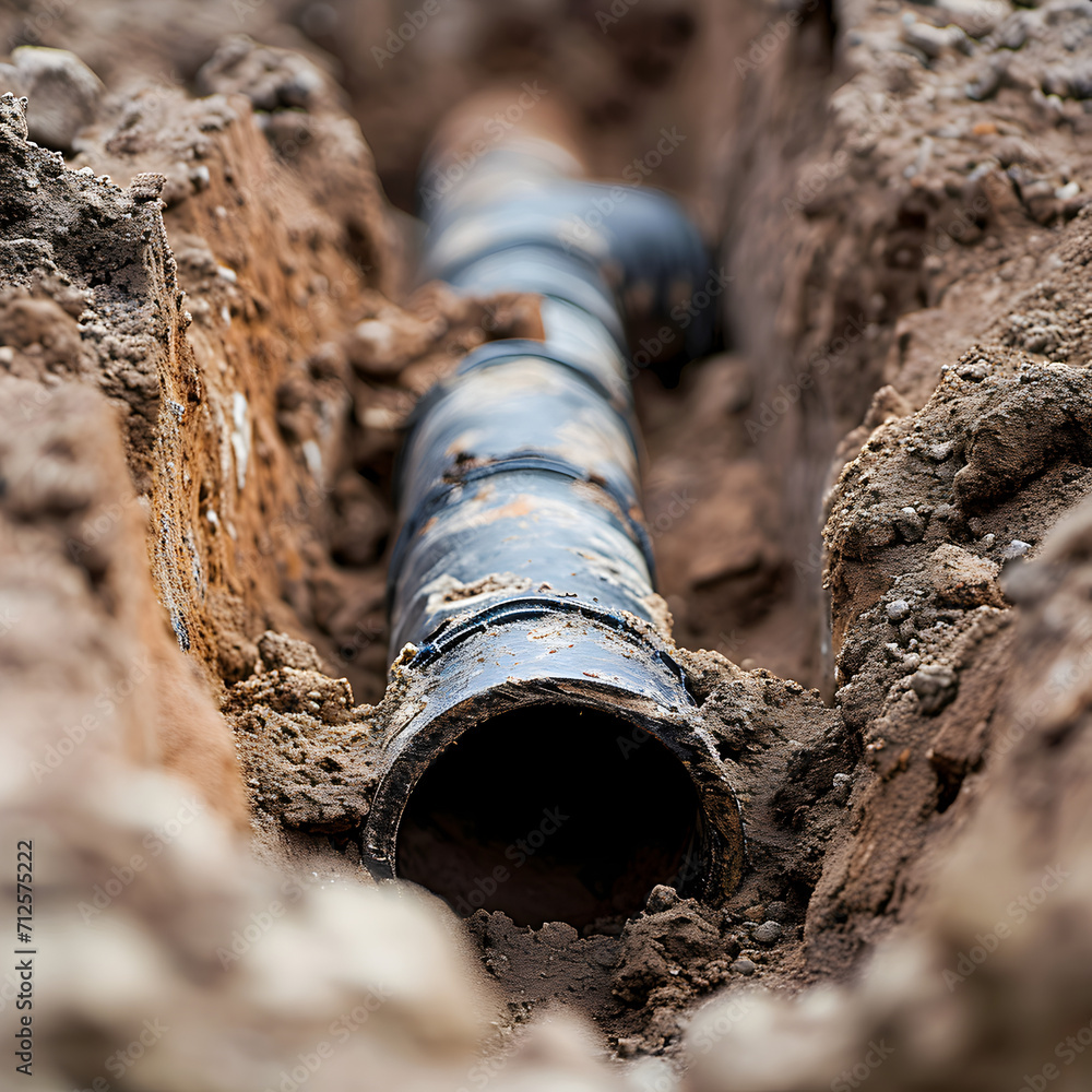 A detailed view of a pipe partially buried in the dirt. This image can be used to depict construction, plumbing, or infrastructure projects A detailed view of a pipe partially buried in the dirt. This image can be used to depict construction, plumbing, or infrastructure projects