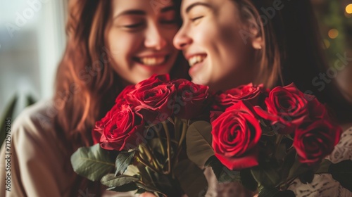 Young woman lesbian couple in casual home wear giving a bouquet of roses to boyfriend, Valentine's Day, B-Day, Birthday, Wedding concept, generative ai photo