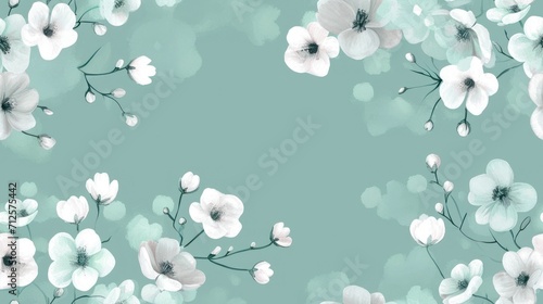  a painting of white and blue flowers on a teal background with a place for a text or a picture. © Shanti