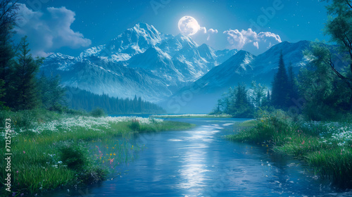A serene mountainous river landscape in the tranquility of evening. The scene is illuminated by the full moon.