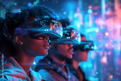 A group Of Peoples Using Virtual Reality Headset VR. Game and Entertainment, futuristic Metaverse Digital Cyber World Technology.