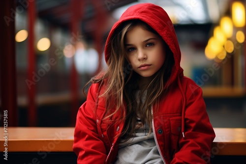Portrait of a cute little girl in a red jacket on the street.