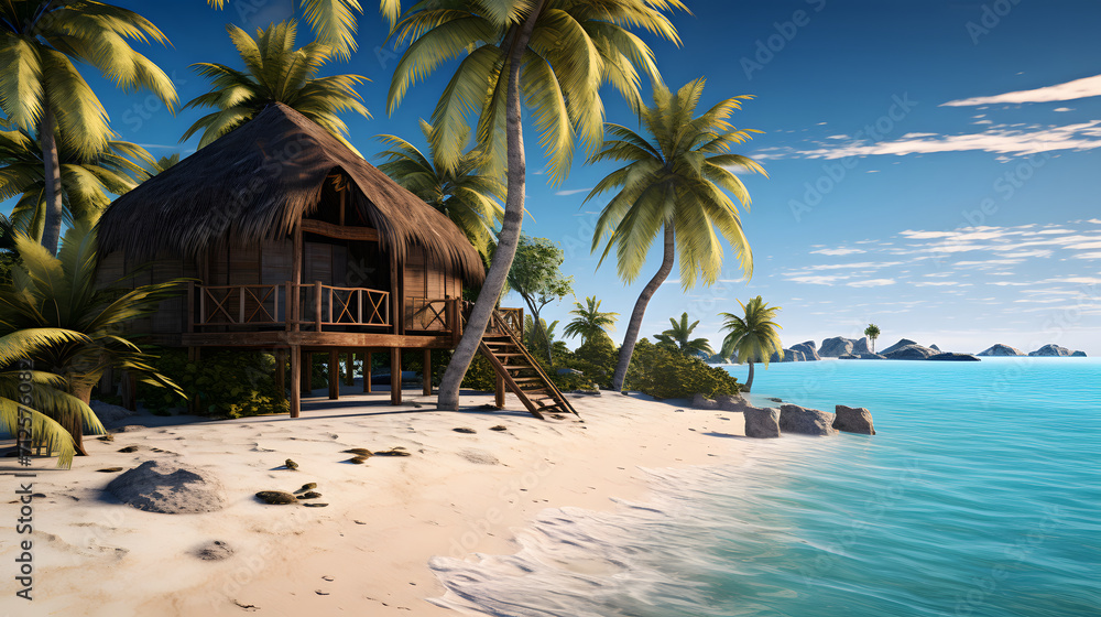 Beautiful wooden hut on beach with turquoise water and palm trees. Summer holiday concept.