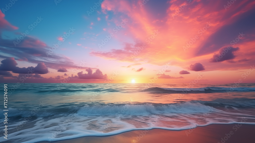 Beautiful sunset on the beach. Panoramic seascape.