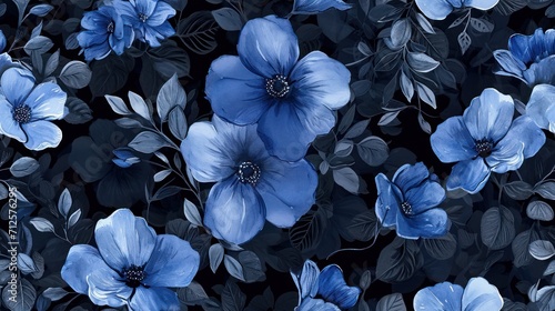  a bunch of blue flowers that are on a black and blue background with leaves and flowers in the middle of the picture.