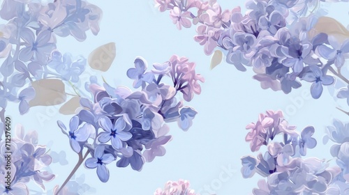 a bunch of blue and purple flowers on a light blue background with a light blue sky in the back ground.