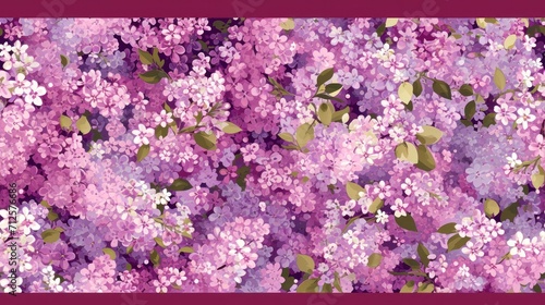  a large group of purple flowers with green leaves on a purple background with a pink border in the middle of the frame.