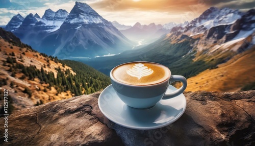 a technology-themed illustration featuring a visually appealing cup of coffee latte set against the backdrop of majestic mountains. 
