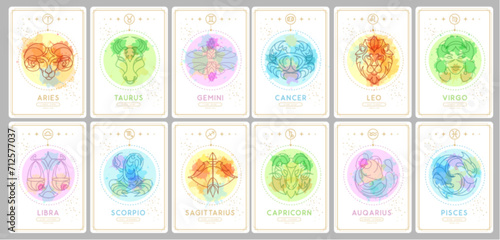 Set of Modern magic witchcraft cards with astrology zodiac signs on watercolor background. Zodiac characteristic. Vector illustration