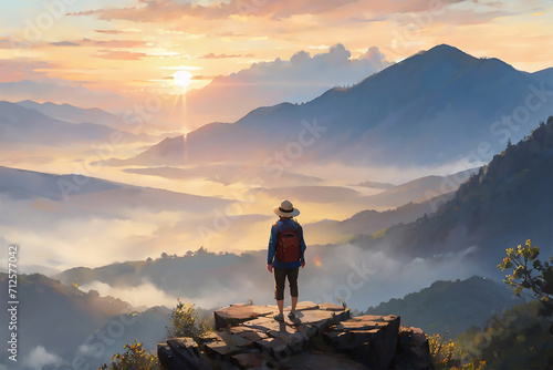 a person standing in a clef of a mountain enjoying the sunset view