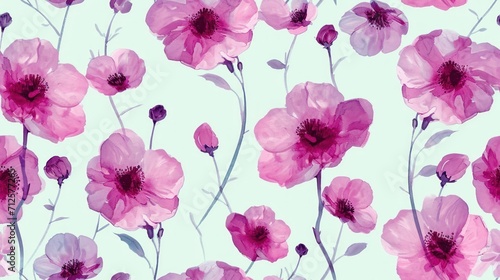  a painting of pink flowers on a light blue background with green leaves and stems in the center of the image. © Shanti