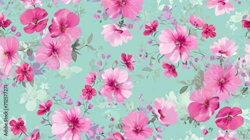  a blue and pink floral wallpaper with pink flowers on a light blue background with green leaves and flowers on a light blue background. © Shanti